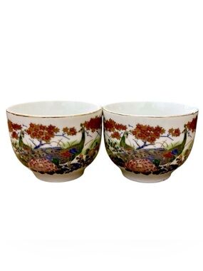 Vintage Japanese Peacock Teacups Set of 2 Hand Painted Porcelain Gold Trim